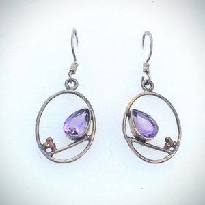 Pear shape Amethyst in Open Oval Frame sterling dangle earrings